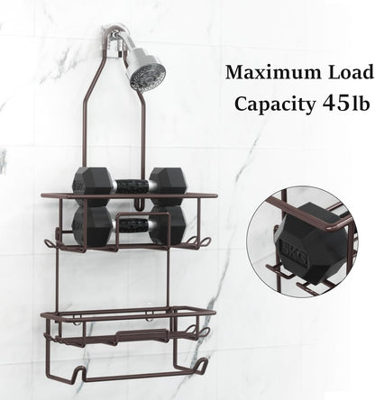 Rustic Bronze Shower Caddy by [Brand Name] - Overhead Organizer with 10 Hooks & Towel Bar for Bathroom Storage