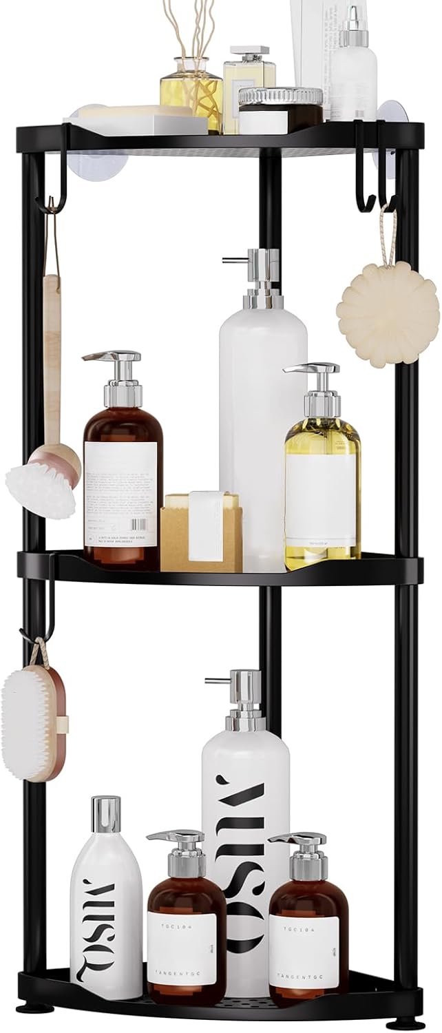 SWTYMIKI Corner Shower Caddy - 3-Tier Stainless Steel Organizer Stand with 4 Hooks | Rustproof Black Finish