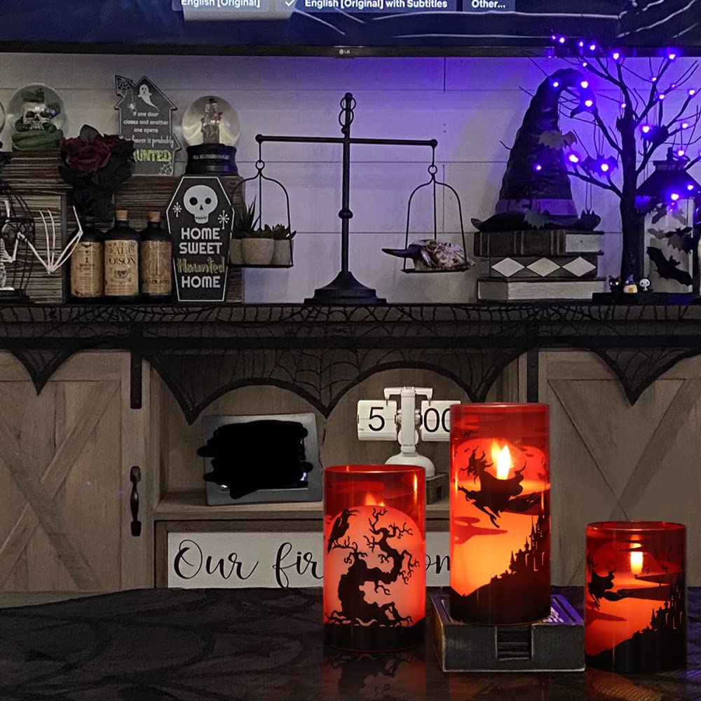 Eldnacele Halloween Flickering Candles with Witch, Crow Raven, Castle Decals, Red Glass Battery Operated Flameless LED Candles with Remote, Real Wax Candle Set of 3 Halloween Decorations