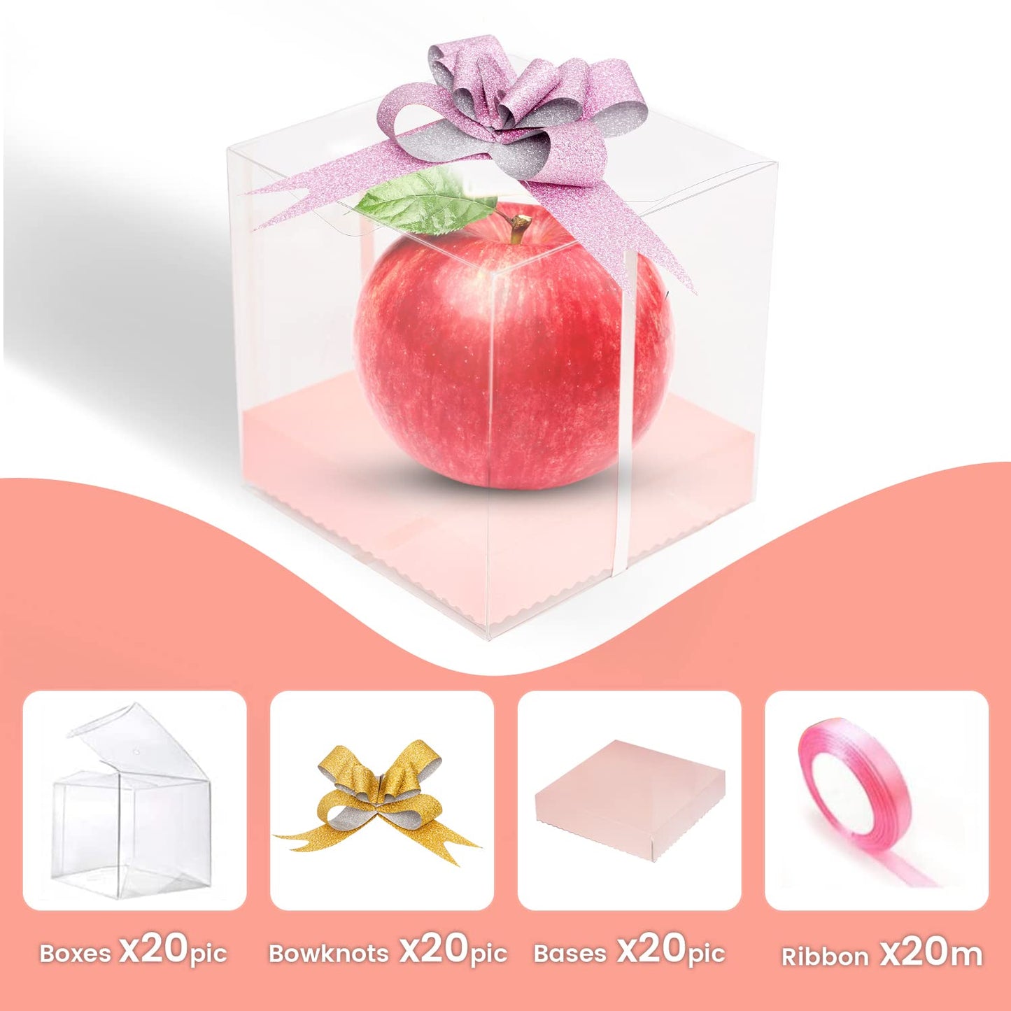 HOPELF 4"x4"x4" Clear Candy Apple Boxes Set With Hole Top for Caramel Apples, Ornaments,Treats. Pack of 61 Including Boxes X20,Bases X20,Bowknots X20,Ribbon X20m