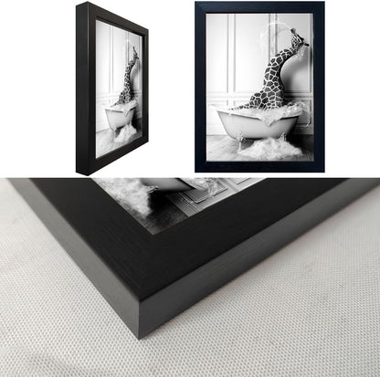 Skiennix Framed Animal Wall Art - Funny Giraffe in Bathtub Canvas Print | Black and White Farmhouse Decor for Kids' Bathroom