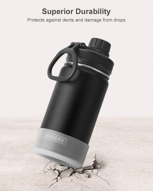 Koodee Water Bottle - 12 oz Stainless Steel Vacuum Insulated Flask with Leakproof Spout Lid | Black