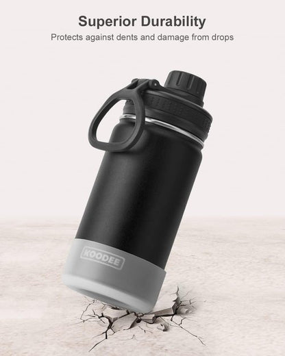 Koodee Water Bottle - 12 oz Stainless Steel Vacuum Insulated Flask with Leakproof Spout Lid | Black