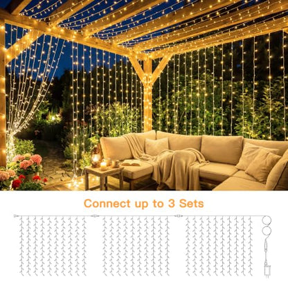 Ollny 200 LED Curtain Lights 6.6ft x 6.6ft Warm White String Lights with Remote