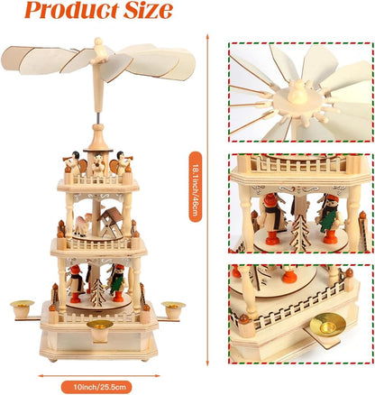 Rotating Christmas Pyramids - 18-Inch Wood Nativity Scene Carousel with 4 Candle Holders