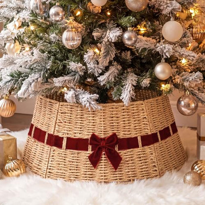 Christmas Tree Collar Basket with Red Velvet Bow 23.6" Wicker Base Cover Rustic - Variation of Red Velvet