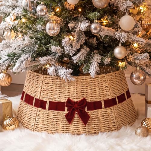 Christmas Tree Collar Basket with Red Velvet Bow 23.6" Wicker Base Cover Rustic - Variation of Red Velvet