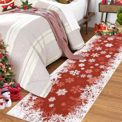 Christmas Snowflake Runner Rug 2x10 ft - Red Holiday Hallway Carpet