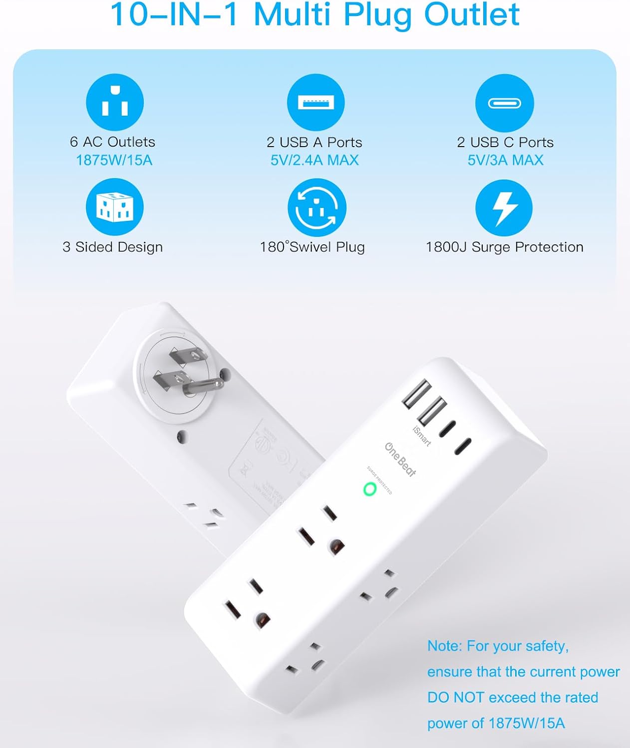 Surge Protector by [Brand Name] - 6 AC Outlet Extender with Rotating Plug & 4 USB Ports | 1800J Power Strip for Home & Office