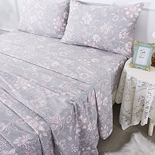 Gray Pink King Sheets Set - Floral 600TC Cotton Bedding with Deep Pockets
