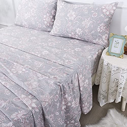 Gray Pink King Sheets Set - Floral 600TC Cotton Bedding with Deep Pockets