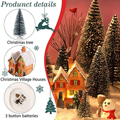 Christmas Houses Village and Mini Trees LED Light Set - 24 Pcs Holiday Decor