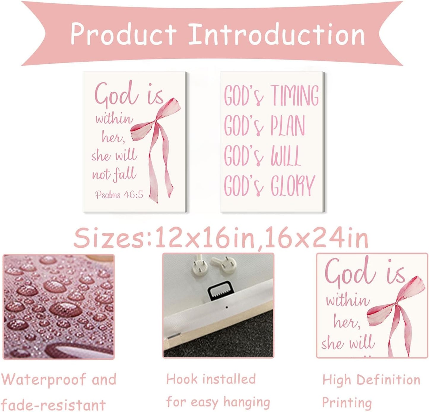 Coquette Pink Bow Canvas Wall Art - Inspirational Bible Verses for Girls' Room Decor | 12"x16" Framed