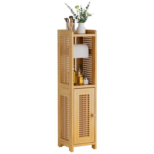 AmazerBath Toilet Paper Holder Cabinet, Bamboo Toilet Paper Holder Stand for Bathroom, Small Toilet Paper Storage Cabinet with Rattan Door, 30.3x7.8x7 inches