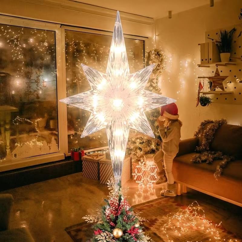 12.9 Inch Christmas Tree Topper Bethlehem Star with Warm Lights - Festive Holiday Decor
