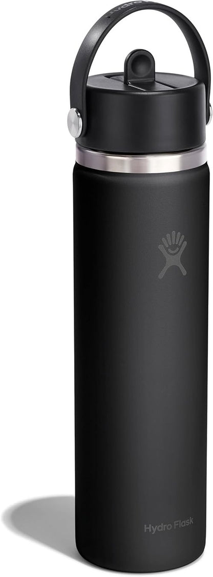 Hydro Flask Water Bottle - Insulated Stainless Steel - Leakproof Wide Straw Lid, 24 Oz Tonal Black