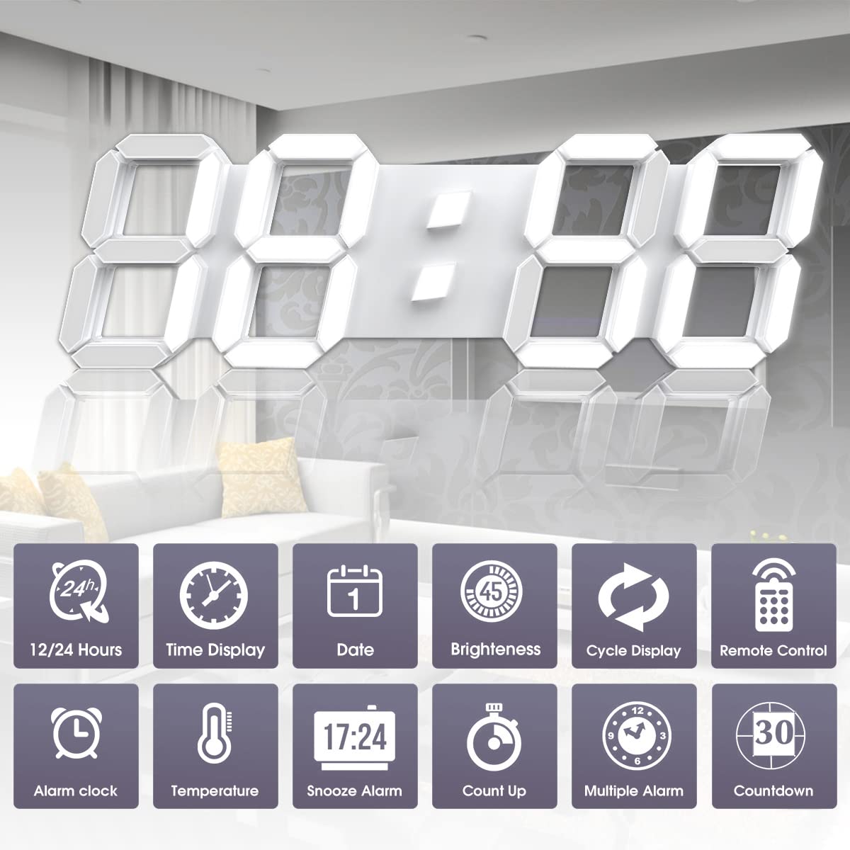 WISE TIGER EPSKY 3D White Digital Wall Clock LED Large Alarm Clock Adjustable Brightness 12/24 Hours Display and Date Display for Kitchen Homes Offices Gyms (15inch)
