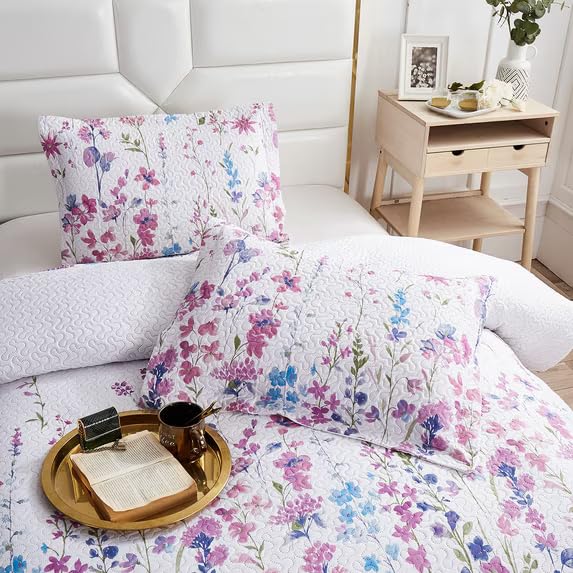 Purple Floral Quilted Bedspread Set for Queen/Full Size Bedding - Lilac Flower Design