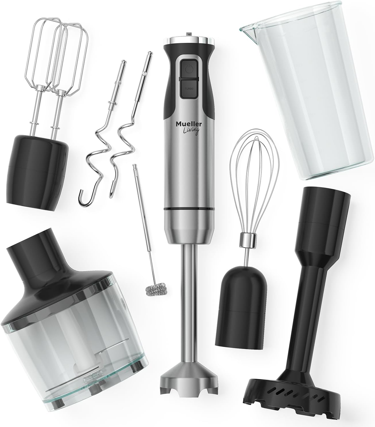 MuellerLiving Immersion Hand Blender Set - 8-Speed Mixer with Stainless Steel Blade & 7 Attachments