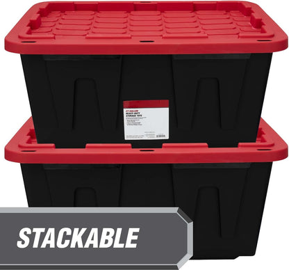 MioeDi 27 Gallon Stackable Storage Bins - Snap Lid Containers in Black with Red Lids | Set of 4