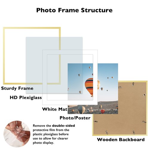 JCJMY 24x24 Picture Frame Gold with 20x20 Mat, Display Photo 20x20 with Mat or 24 x 24 Without Mat, Wall Hanging Large 24x24 Poster Frame with Shatter Resistant Plexiglass, Gold
