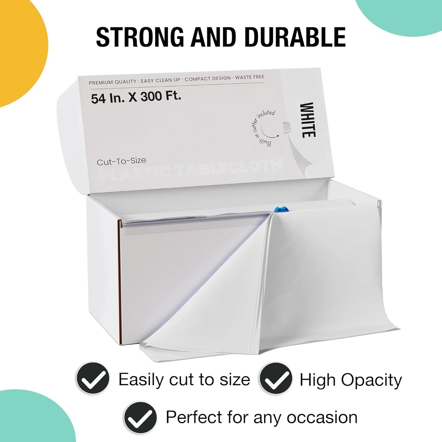 Party Solids White Plastic Table Cover Roll - 54 Inch x 300 Feet with Slide Cutter for Easy Use