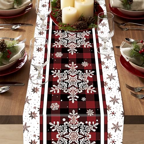 Snowflakes Christmas Table Runner 13 x 90 Inches with Buffalo Plaid Holiday Decor
