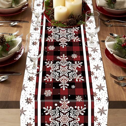 Snowflakes Christmas Table Runner 13 x 90 Inches with Buffalo Plaid Holiday Decor