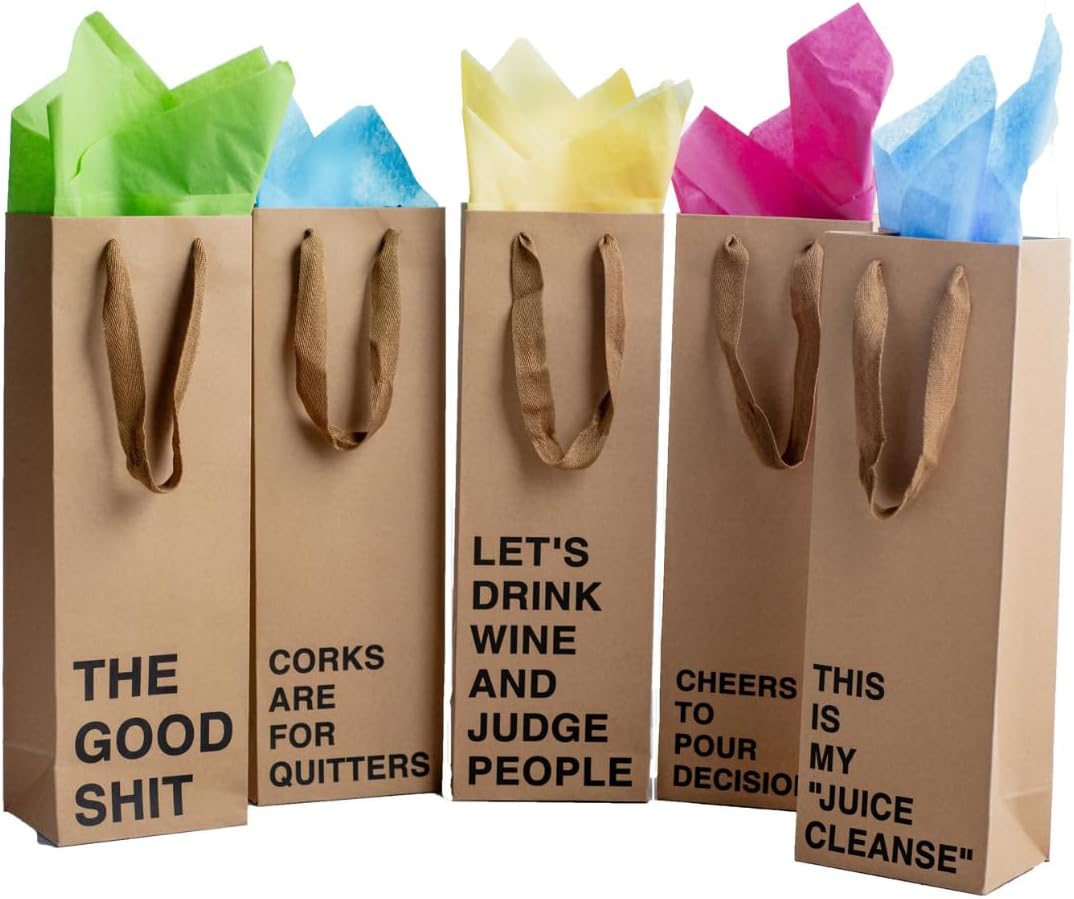 MilkToast Brands Set of 5 Funny Wine Gift Bags for Liquor & Wine Bottles - Reusable Wine Bags for Mother's Day, Birthdays, & Holidays - Sturdy Kraft Alcohol Gift Bag with Handles - 4.7″ x 3.5″ x 14″ Size