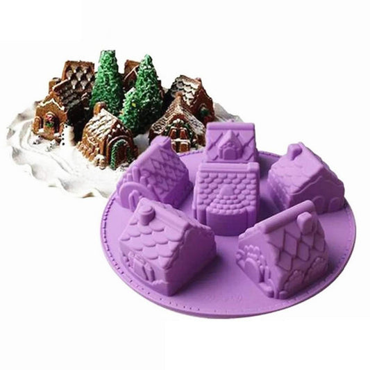 Joyeee 1 Pack House Shape Silicone Mold, 6 Cavity Non-stick Cozy Village Baking Pan, House Shape Soap Mold, Mini Christmas House Cake Molds for Brownies Chocolate Jelly Pudding Cupcake Ice-cream