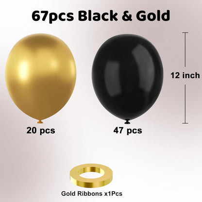 YMSZ Black and Gold Balloons - 67 Pcs Metallic 12 Inch Balloons for Birthday & Party Decorations