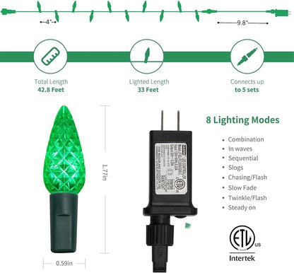 WATERGLIDE C6 33ft LED Christmas String Lights - 100 Faceted Bulbs, Waterproof, 8 Modes | Red & Green
