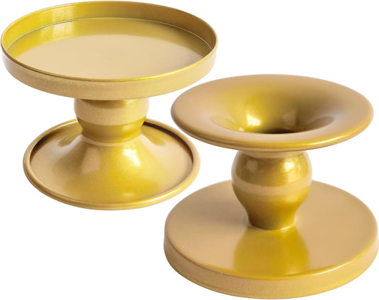 Table Gold Candle Holders - Set of 2 | Reversible Metal Stands for Pillar & Taper Candles | Elegant Home Décor for Weddings & Special Occasions