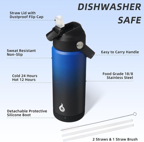 BJPKPK Insulated Water Bottle - 18oz Stainless Steel with Straw Lid & Flex Handle | BPA-Free, Leak-Proof, Black/Blue