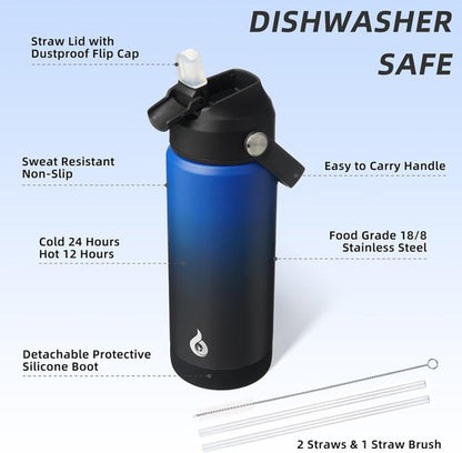 BJPKPK Insulated Water Bottle - 18oz Stainless Steel with Straw Lid & Flex Handle | BPA-Free, Leak-Proof, Black/Blue