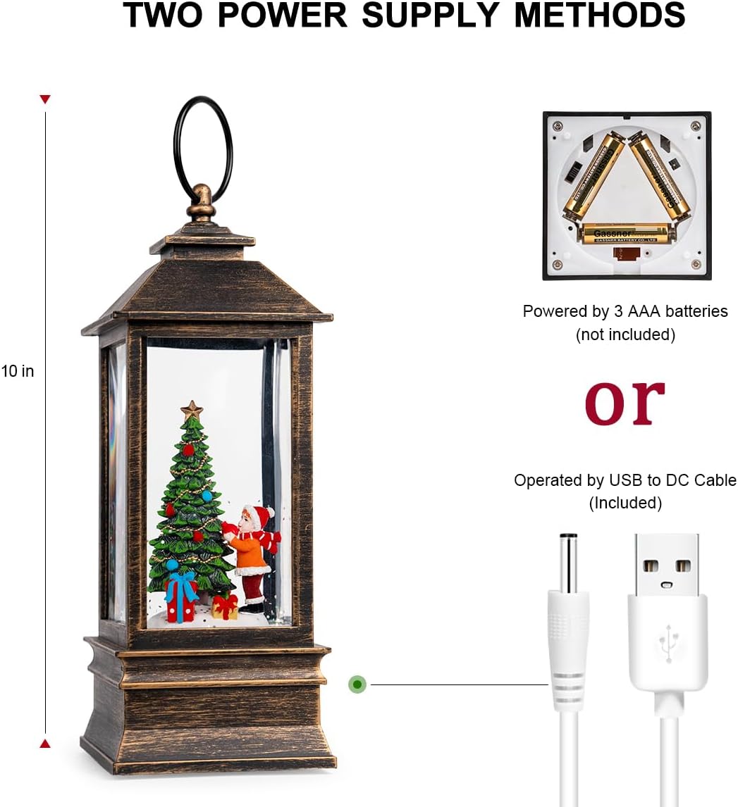 Skiennix 10'' Musical Snow Globe Lantern - Lighted Water Decoration with Swirling Glitter | Battery or USB Powered for Christmas Home Decor