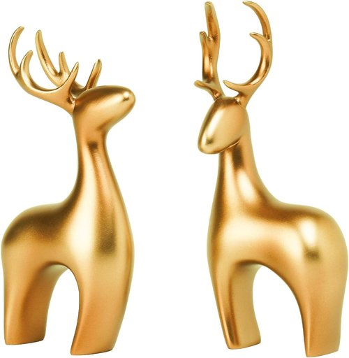 Braxio Deer Statue | Elegant Gold Reindeer Sculptures - 2pcs Resin Figurines for Home Decor