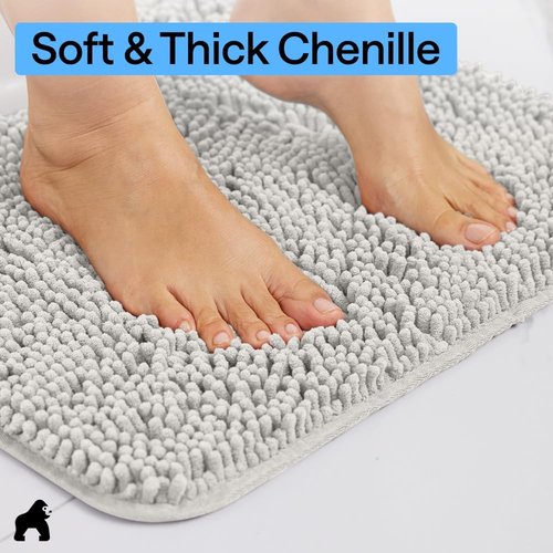 GORILLA GRIP Bath Rug Mat - Soft Absorbent Chenille | Quick Dry Microfiber, 60x17, Light Gray