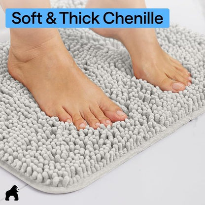 GORILLA GRIP Bath Rug Mat - Soft Absorbent Chenille | Quick Dry Microfiber, 60x17, Light Gray
