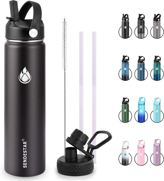SENDESTAR Insulated Water Bottle - 24 Oz Wide Mouth with Straw & Spout Lid | Double Wall Stainless Steel, Leak Proof, Black