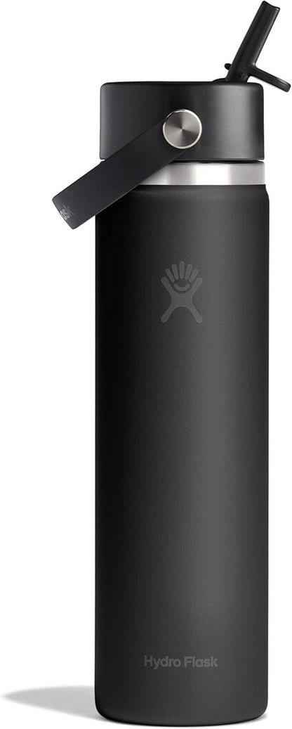 Hydro Flask Water Bottle - Insulated Stainless Steel - Leakproof Wide Straw Lid, 24 Oz Tonal Black