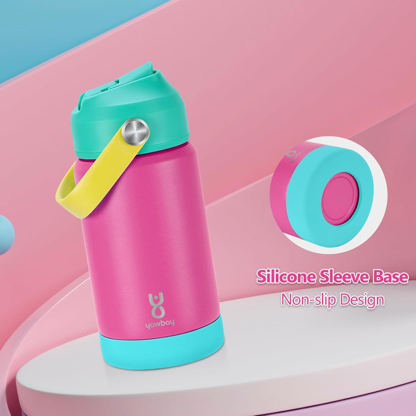 Skiennix Kids Insulated Water Bottle - 12oz Leak-Proof Straw Lid & Silicone Handle | Rose Pink