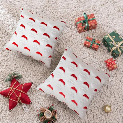 Christmas Santa Pillow Cover Set of 2 - 18x18 Inch Faux Fur & Embroidery Holiday Decor
