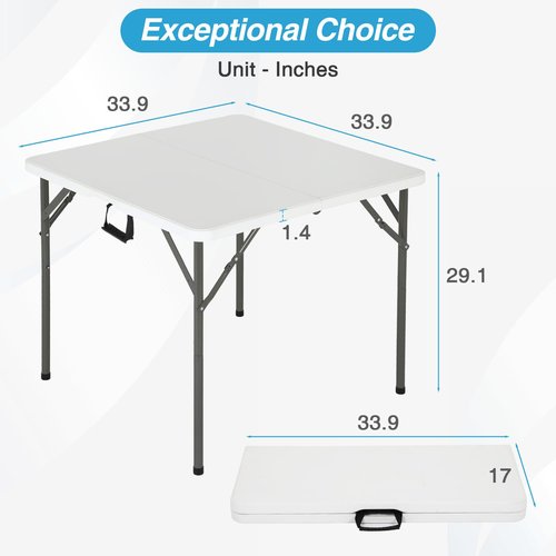 FDW 34" Folding Card Table Plastic, Portable Square Height, Perfect for Party and Parties Backyard Events, White