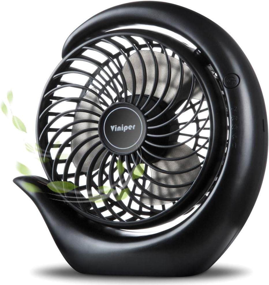 Viniper Portable Rechargeable Fan - Compact 3-Speed Desk Fan with 180° Rotation | 8-24 Hours Battery Life (Black)