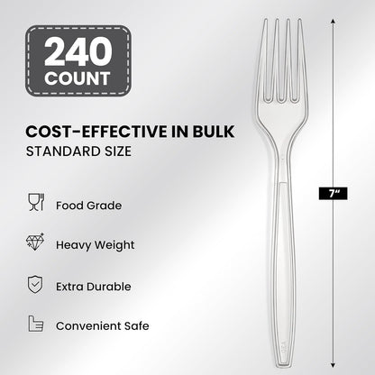 Skiennix Extra Heavy Duty Clear Plastic Forks - Durable, BPA-Free Cutlery for Parties | 240 Count