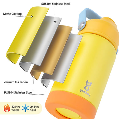 Kids Insulated Water Bottle with Straw Lid & Silicone Handle,12oz Kids Leak Proof Water Bottle for School Boys Girls,Double Wall Vacuum Stainless Steel with Non-slip Silicone Base(Yellow)