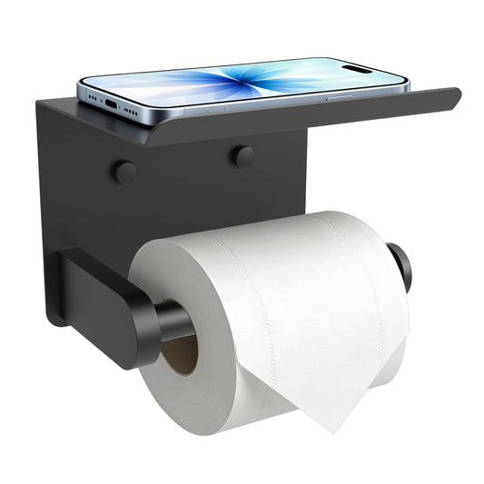 SetSail Toilet Paper Holder with Shelf Adhesive or Screw Bathroom Toilet Paper Roll Holders Wall Mount Matte Black Tissue Holder for Bathroom Hardware Accessories