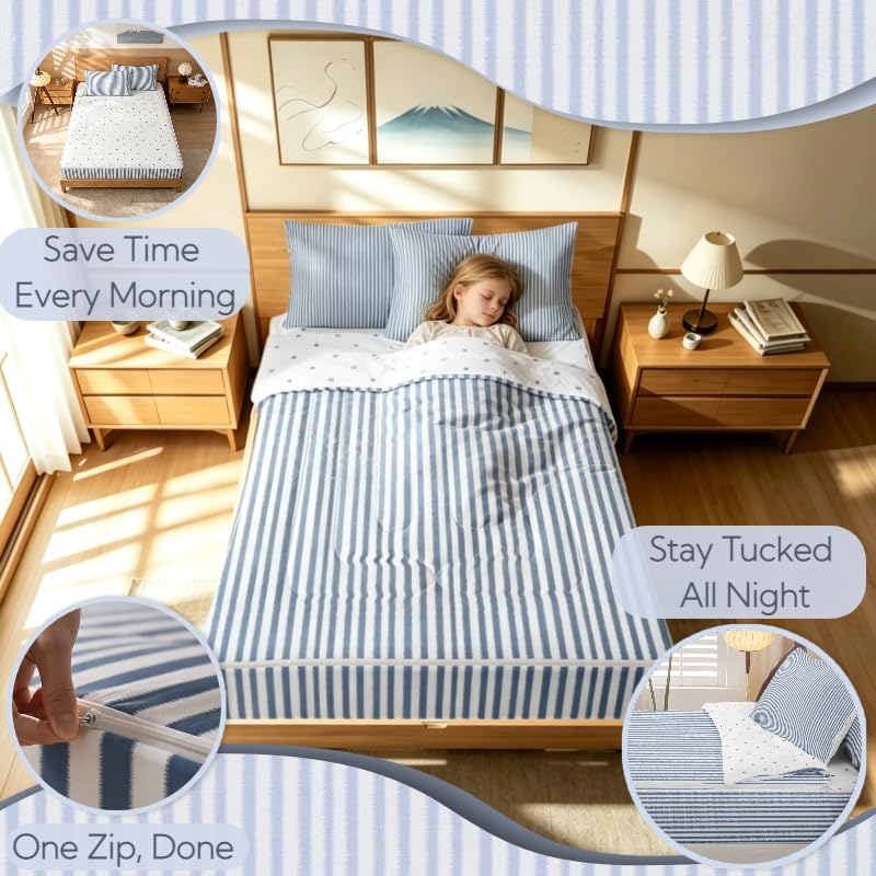 Blue Striped Zipper Bedding Set Twin - Modern Geometric Bed in a Bag