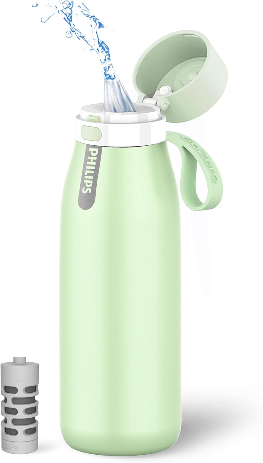 PHILIPS Water Bottle - Stainless Steel Filtered Design | Keeps Drinks Cold for 24 Hours, 1 Filter for 40 Gal